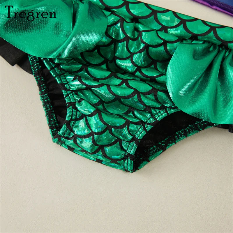 Tregren Toddler Kids Girl Mermaid Bikinis Set Summer Beachwear Halter Top Swimwear Swimming Pool Bathing Suit with Headband - Jamboshop.com