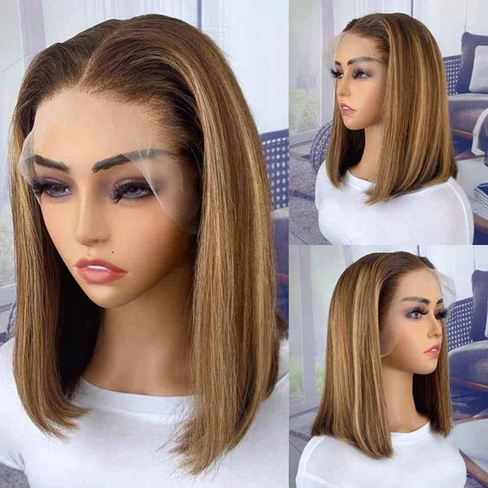 Highlight P4/27 Peruvian Remy Hair Short Bob Ombre Human Hair Wigs Blond Wig Straight Bob Wig 13*6*1 Lace Front Wigs For Women - Jamboshop.com