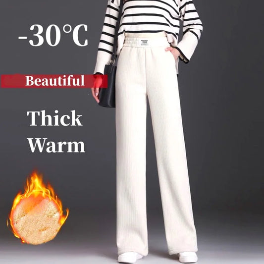 M-3XL 3Color Thicken Plus Velvet Wide Leg Straight Pants Casual Warm Huge Stretch Elastic Waist Fleece Lined Women Winter Wear