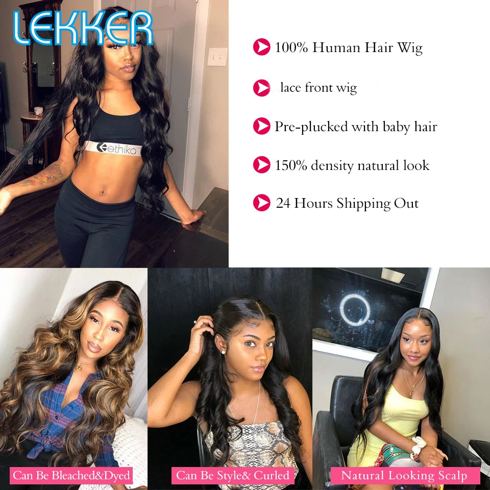 Lekker Wavy 13x6x1 T Part Lace Front Human Hair Wig For Women Glueless Brazilian Remy Hair Body Wave Middle Part Wear go Bob Wig - Jamboshop.com