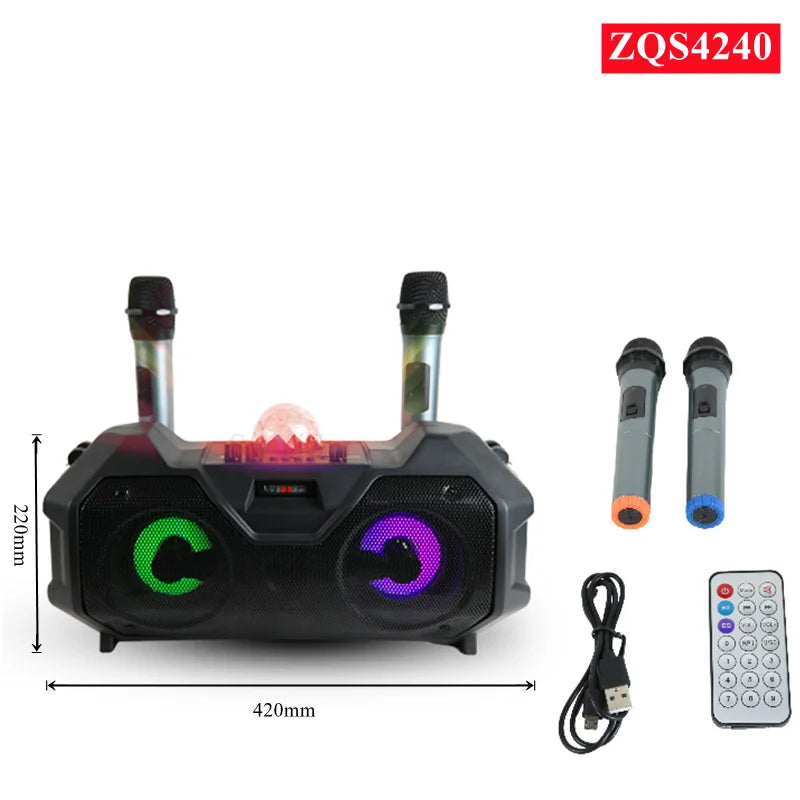 Outdoor Portable Bluetooth Speaker 3D Stereo Subwoofer Colorful Atmosphere Light Dual Wireless Microphone Karaoke Device ZQS4240