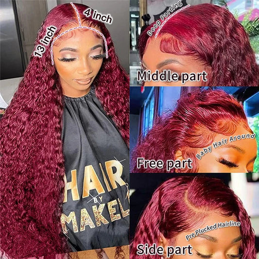 Wiggogo Red Wig 99J Burgundy Lace Front Wig 13X4 Curly Human Hair Wigs Hd Lace Wig 13X6 Human Hair Colored Deep Wave Frontal Wig - Jamboshop.com