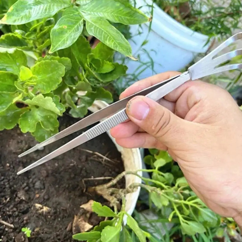 2-in-1 304 Stainless Steel Root Rake with Bonsai Tweezers with Ergonomical Handle Soil Farming Tool for Succulents Crafting