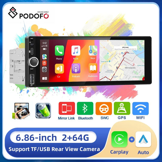 Podofo 1din Android Radio 6.86" 2+64G Car Stereo Radio GPS Navigation WIFI Carplay Android auto Bluetooth FM/RDS Car Player
