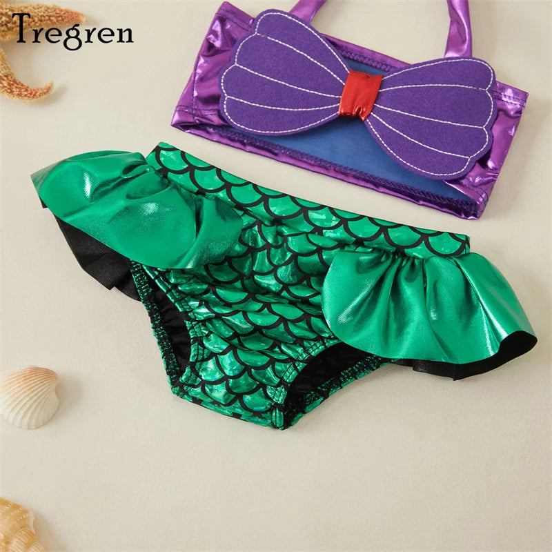 Tregren Toddler Kids Girl Mermaid Bikinis Set Summer Beachwear Halter Top Swimwear Swimming Pool Bathing Suit with Headband - Jamboshop.com