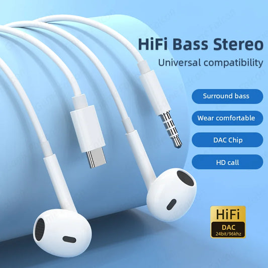 Half-In-Ear Wired Headphones HiFi Music Earbud Handfree Earphone Type-C 3.5mm With Mic For Android Samsung Xiaomi Tablet Laptops - Jamboshop.com