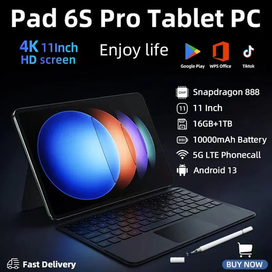 2024 Original 6S Pro Global Version Snapdragon 888 Xiao Tablet PC Pad Android 13 10000mAh 16GB+1TB 5G Dual SIM Card HD 4K Mi Tab