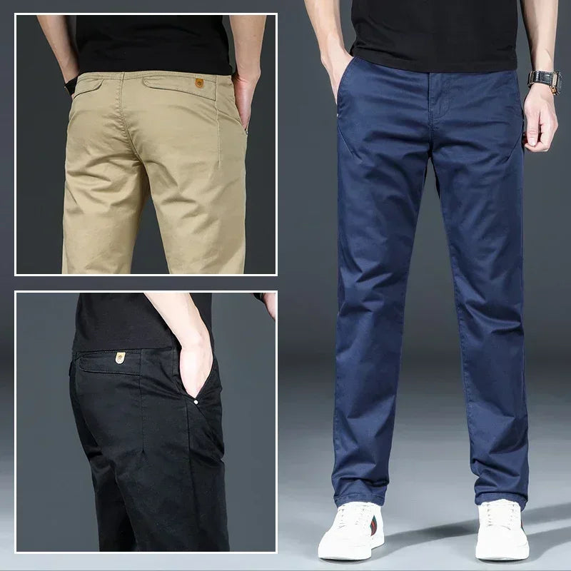 Straight Casual Pants Men Clothing Cotton Khaki Roayl Blue Trousers For Male 2023 Spring Autumn Black Pants Regular Fit