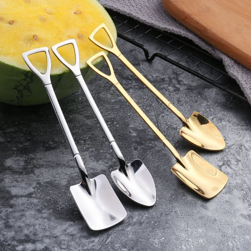 Creative Stainless Steel Shovel Spoon Mini Coffee Teaspoon Fruit Ice Cream Dessert Spoons Kitchen Scoops Tableware Cutlery Set