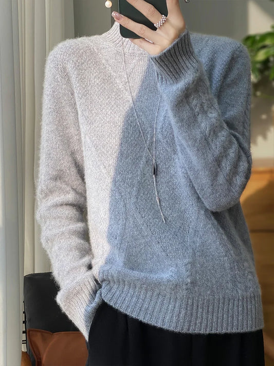 100% pure wool sweater minimalist style sweater for spring and autumn wear, diamond jacquard long sleeved knitted base sweater