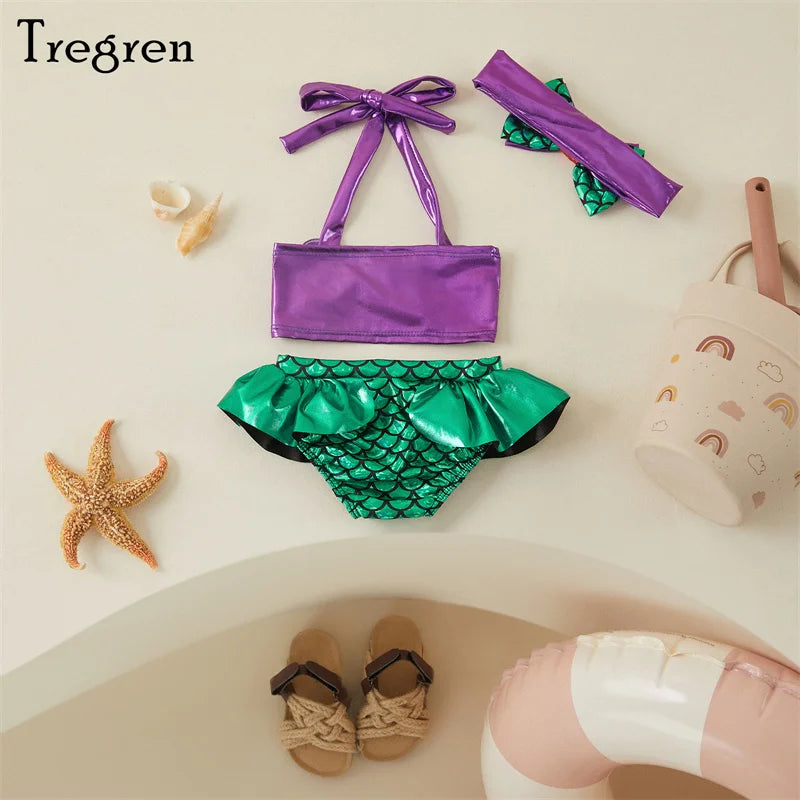 Tregren Toddler Kids Girl Mermaid Bikinis Set Summer Beachwear Halter Top Swimwear Swimming Pool Bathing Suit with Headband - Jamboshop.com