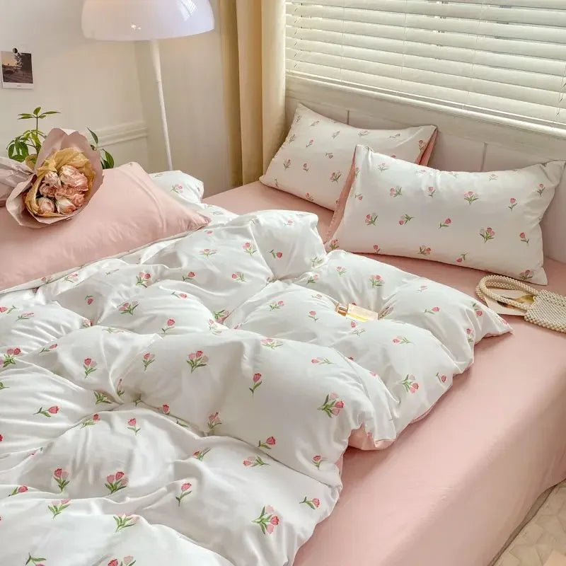 Romantic Tulip Pink Bedding Set Bed Flat Sheet Pillowcase Twin Full Queen Bed Linen Kids Girls Floral Duvet Cover No Filling - Jamboshop.com