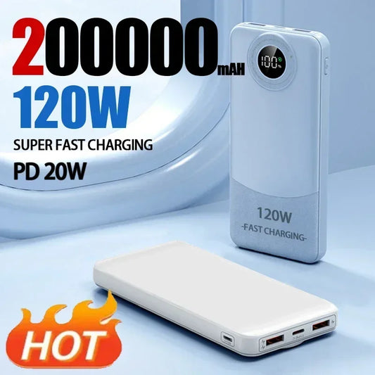 200000mAH Power BankSuper Fast Charging 120W Ultralarge Capacity for Mobile Power External Battery for iphone 15 14 13 New