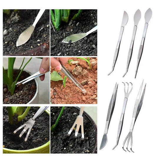 2-in-1 304 Stainless Steel Root Rake with Bonsai Tweezers with Ergonomical Handle Soil Farming Tool for Succulents Crafting