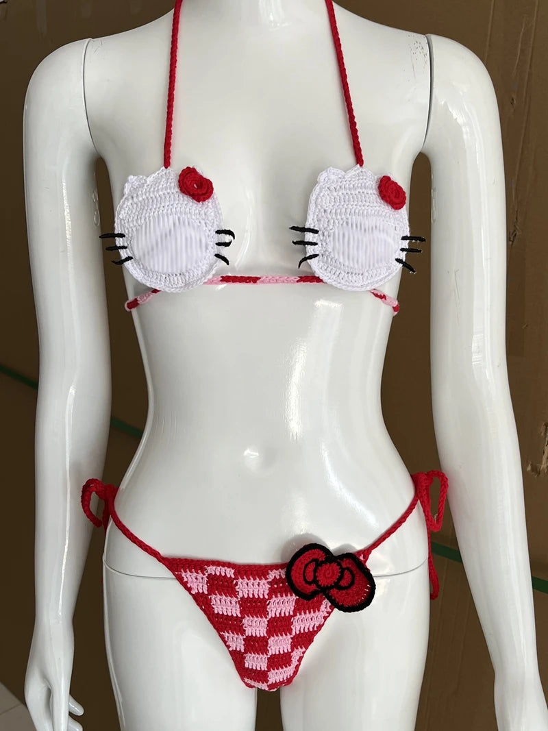 Handmade Brazil Crochet String Bikini Set Sexy Bathing Suit Checkered Red and Pink Bowknot Beachwear Swim Suits Custom - Jamboshop.com