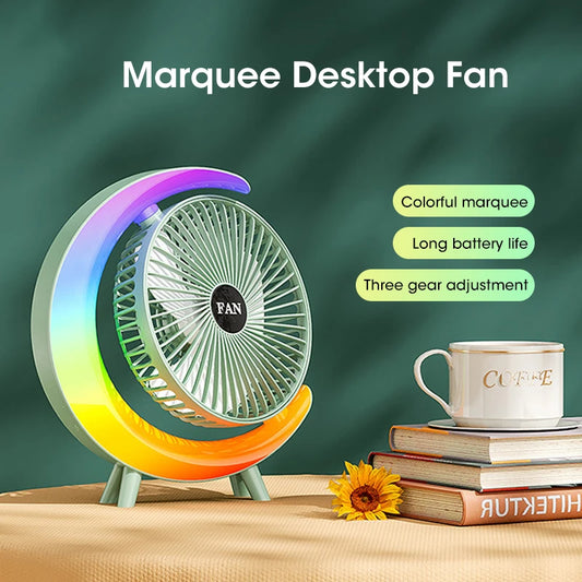 New Electric Fan RGB Lighting Fan USB Rechargeable Desktop Fan Home Office Silent Colorful Desktop Fan