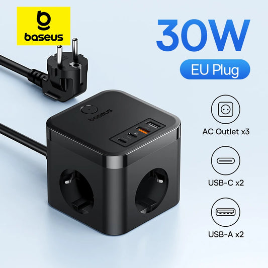 Baseus 30W Charger Fast Power Strip 3AC Outlet Desktop Charging Station With Surge Lightning Protection For iPhone 15 14 Tablets - Jamboshop.com