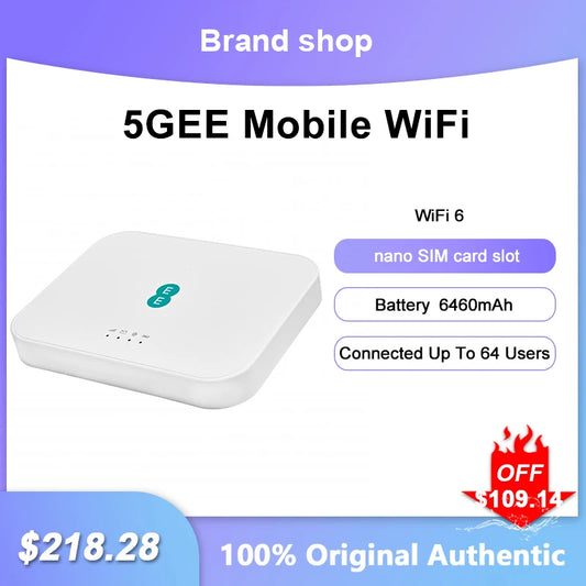 5GEE WiFi 5G Mobile Broadband Device Wireless Router Modem Sim Card Battery 6460 mAh Pocket Hotspot Connected Up To 64 Users