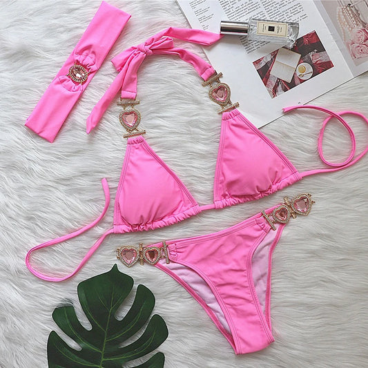 Pink Sexy Bikinis Swimsuit With Heart Rhinestones Women Swimwear Female Push Up Bikini Beach Swim Wear Bathing Suits Pool Bather - Jamboshop.com