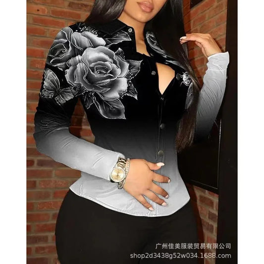 2024 Spring Summer New Women's Clothing Positioning Printing Gradient Long Sleeve Lapel Single Breasted Shirt