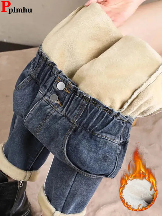 Warm Winter Harem Jeans Velvet Lined Slim Casual High Waist Thicken Denim Pants Fashion Women Snow Wear Vaqueros New 2023