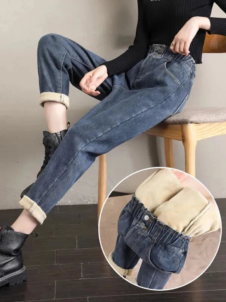 Warm Winter Harem Jeans Velvet Lined Slim Casual High Waist Thicken Denim Pants Fashion Women Snow Wear Vaqueros New 2023